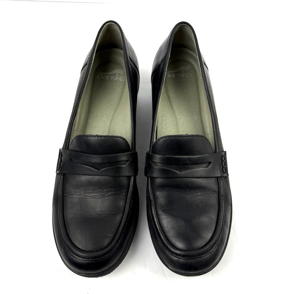 Dansko Danica Shoes 40 Black Leather Slip On Loafer Heels Academia Preppy